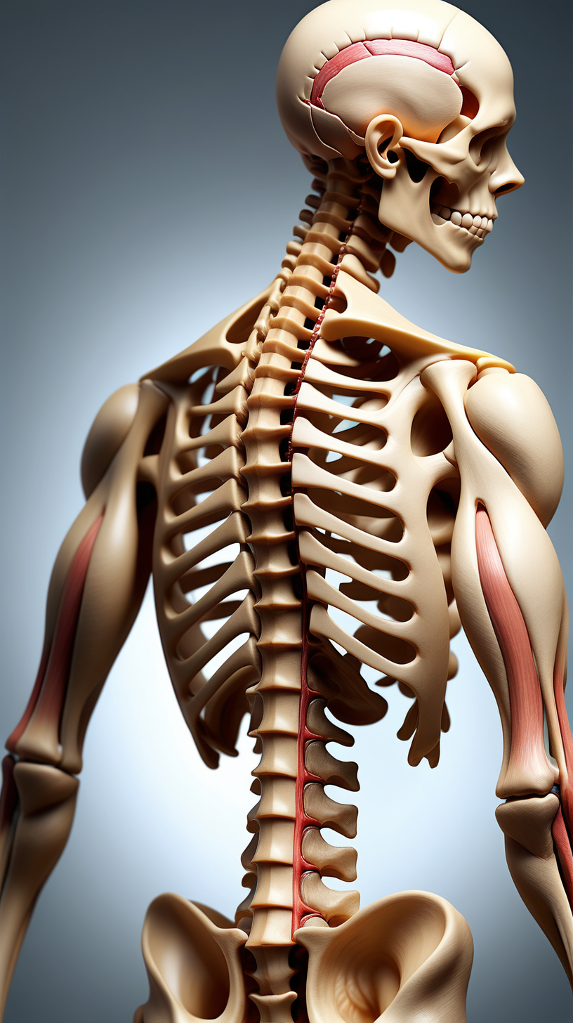 Imagine we're prompting, detailed, realistic human spine inside the body, akin to an anatomy book. Highlight intricate details, using a high-quality camera model and lens for sharpness. Illuminate with soft, natural lighting to convey a realistic and informative style of photography.