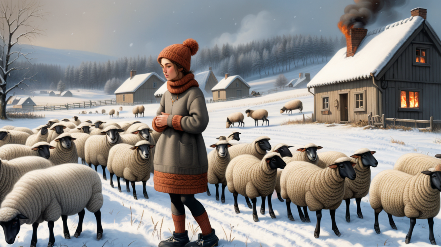 A young peasant woman wearing  a super thick knitted woolen sweater, a knitted hat, thick woolen leggings, high knitted woolen socks,black rubber galoshes. He digs in the fields and clears the snow. Around her there are animals - sheep. Near is the wooden house in front of which a bon fire is burning. Everything is covered in snow. I'ts night.
