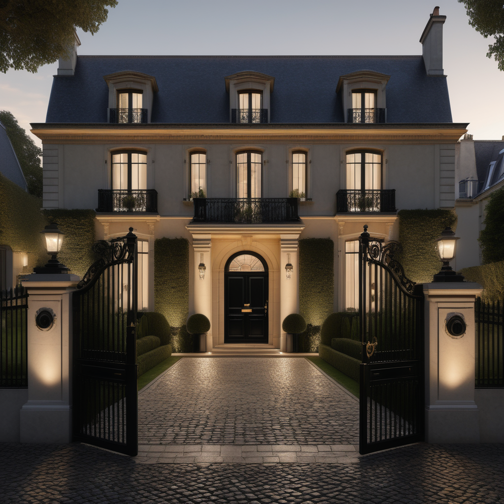 a hyperrealistic of an elegant Modern Parisian estate home exterior with mood lighting, a black Range Rover 2023 Discovery parked on the cobblestone driveway black wrought iron gates with lush gardens, in a beige oak brass and black colour palette 
