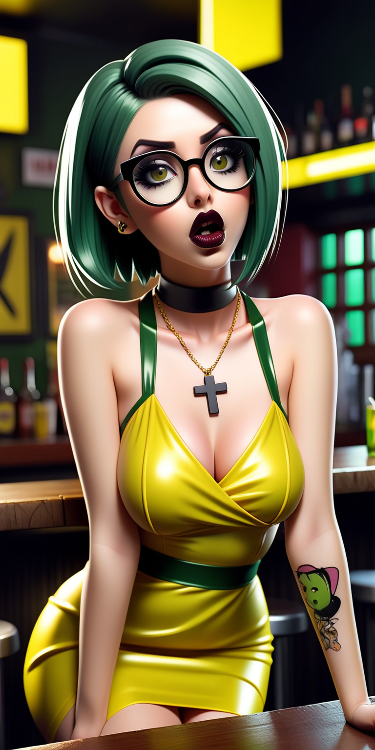 Anime woman with dark green hair and large lips with dark lipstick and heavy makeup. wearing glasses. wearing a cross necklace and a shiny yellow PVC dress sitting at a bar. Surprised expression.