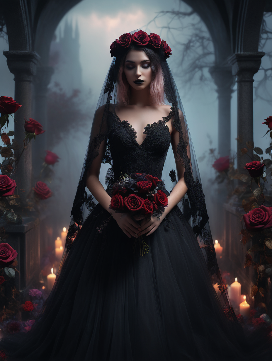 a girl black wedding dress black wedding veil