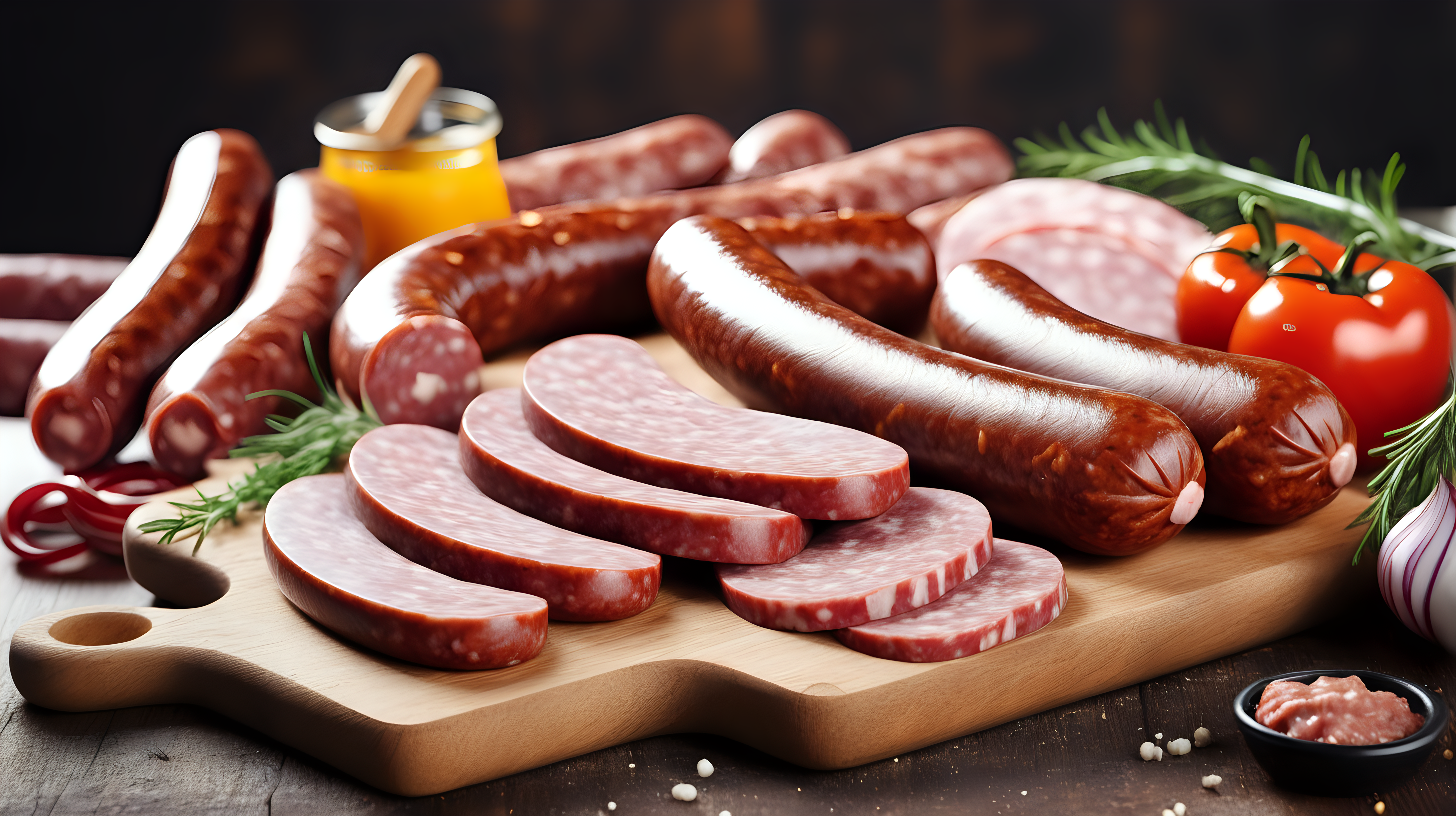 Variety of sausage products on cutting board copy