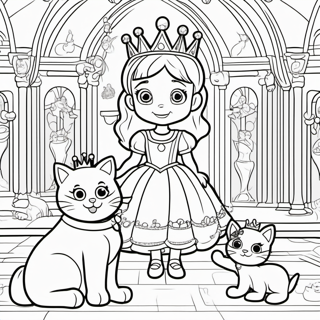 coloring pages for young kids, a little princess wearing a crown playing with toys inside her royal ballroom with her pet kitty inside a castle,cartoon style, thick lines, low detail, no shading  