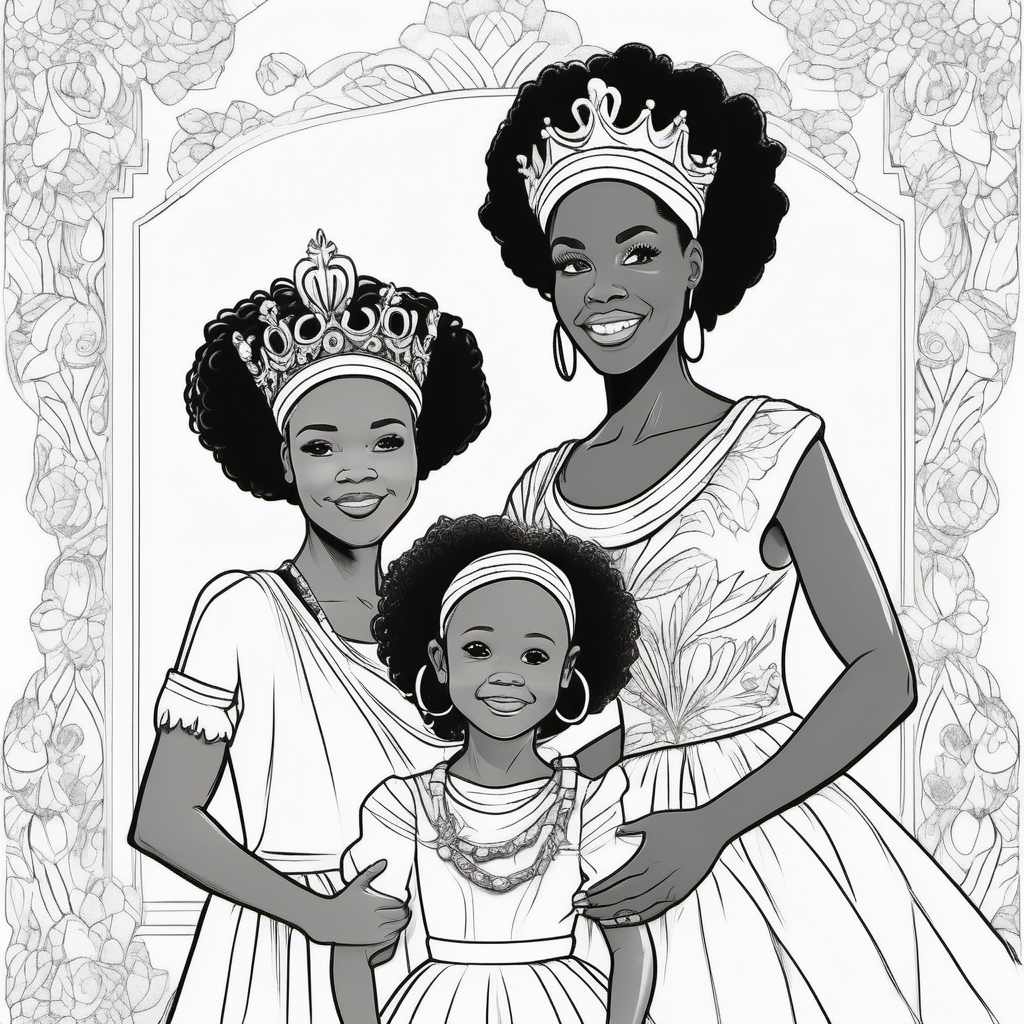 black and white, coloring page, African American mother, teen daughters and toddler dressed in royal attire,  no background, no fills, no dither, no gradient on body or hair, no color on body or hair