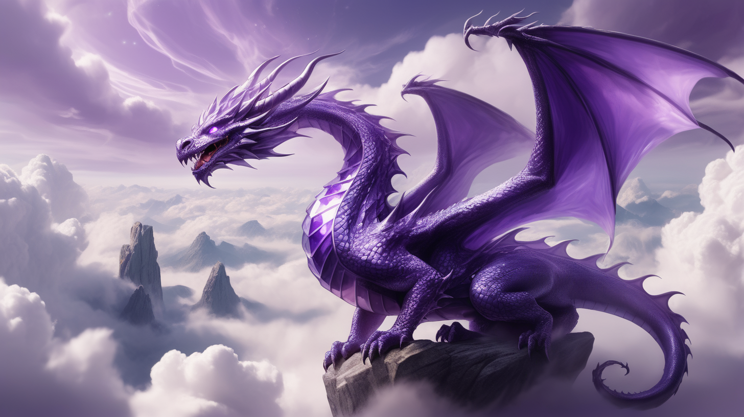 Draw  Stunning  fantasy Dragon Amethyst pose in the clouds