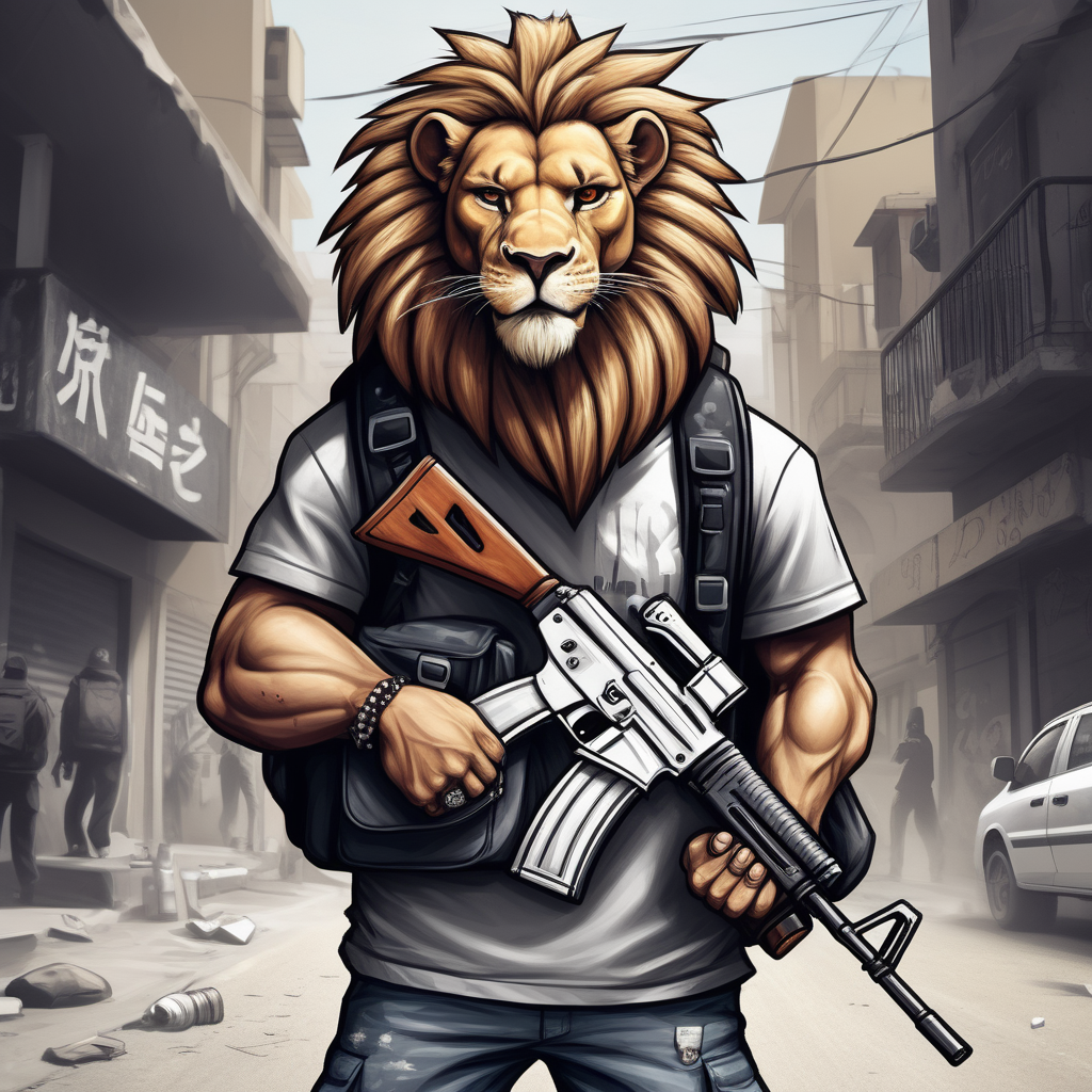 draw a street gangster lion wearing a backpack