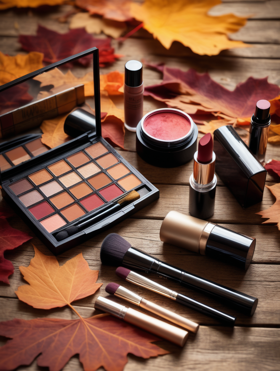 Rich, warm tones of a makeup bundle set against a backdrop of autumn leaves and a rustic wooden table.