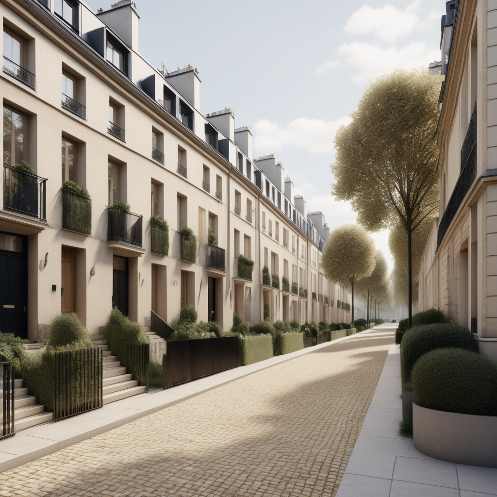 hyperrealistic modern Parisian street of townhouses with a