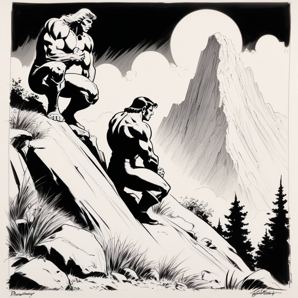 people kneels at mountain art in thin inks John Buscema style


