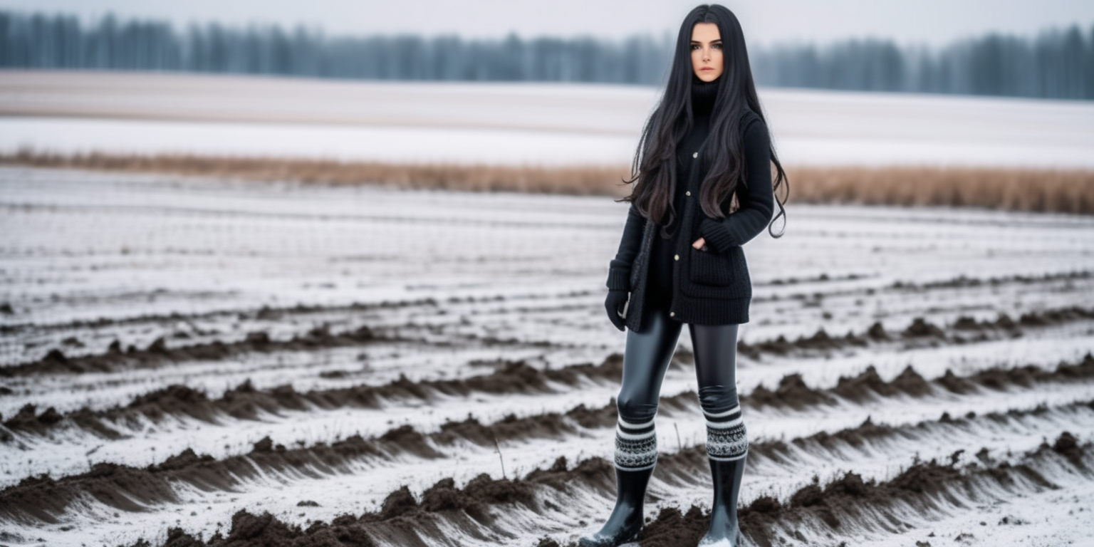 Hot with green eyes and black long hair wearing thick black leggings, knitted white and black wool socks, sweater and felted slaveless jacket. Wearing rubber boots. Working in mud on the field in deep snowy winter.

