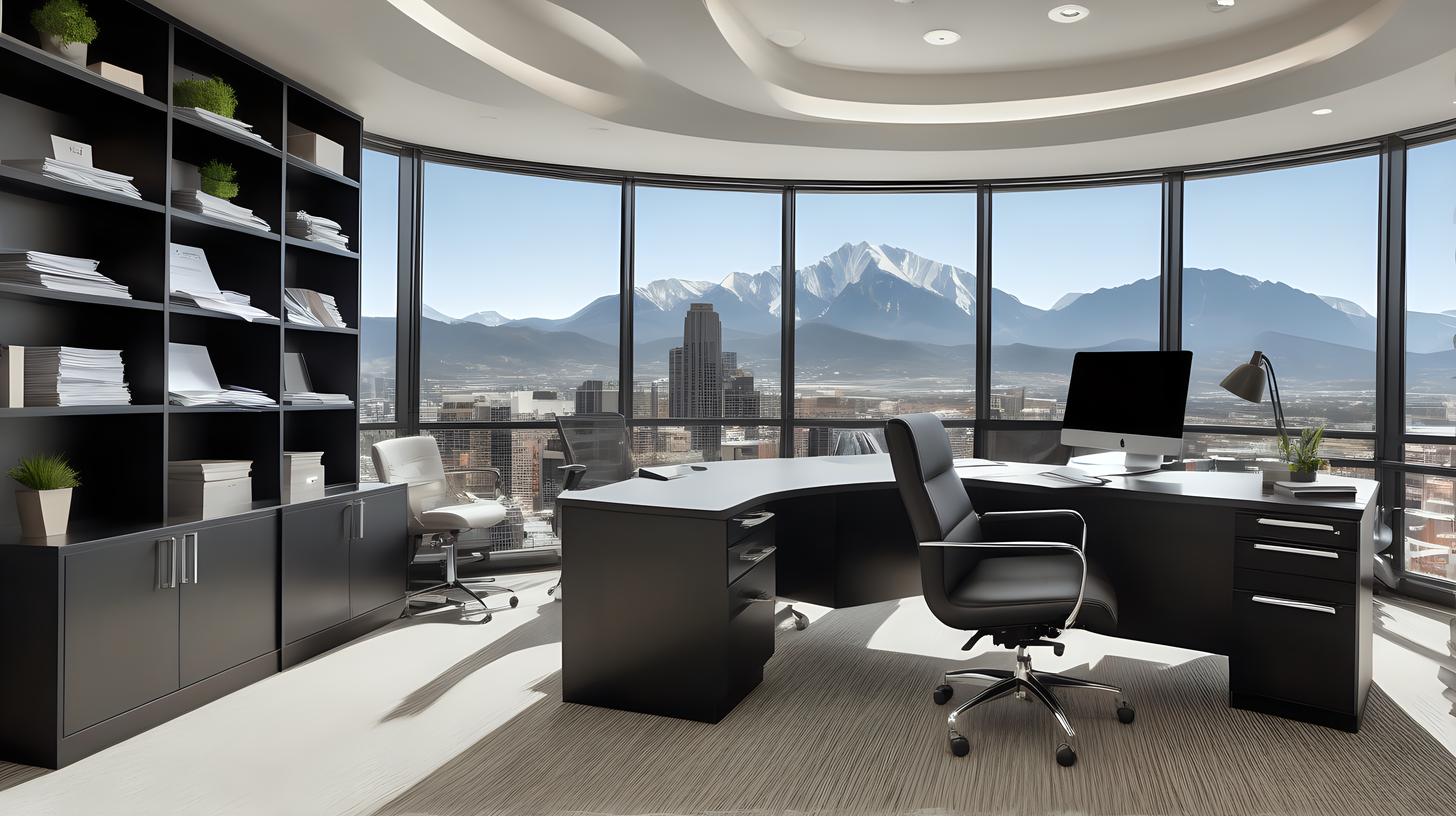 Step into the sleek and professional realm of a Property Owners' Association (PPE) administrator's office, where efficiency and contemporary design harmoniously converge against the urban panorama of a dynamic city. Imagine a meticulously organized desk for an accounting professional, adorned with cutting-edge design furniture, including a sleek black leather chair. Only one chair. This desk provides a commanding view of the cityscape with majestic mountains in the distance. Capture the essence of relaxed elegance with warm tones punctuated by touches of light, creating an atmosphere that resonates with the dynamism and positivity unique ans soft touches of light, creating an atmosphere that resonates with the precision and reliability crucial for accounting work.

Introduce prominent visual elements symbolizing the accounting aspect of property management. Envision an elegant and modern filing a big cabinet with well organised workbooks all along the wall . On the desk show meticulously organized financial reports, documents, and blueprints well visible. Illuminate the space with sleek, adjustable lighting to foster a welcoming yet efficient ambiance.

As the accounting professional draws inspiration from the vibrant city and the striking mountains in the background, they are fully equipped to approach property management responsibilities with a positive, organized, and professional mindset in their stylish and purposefully designed workspace. 