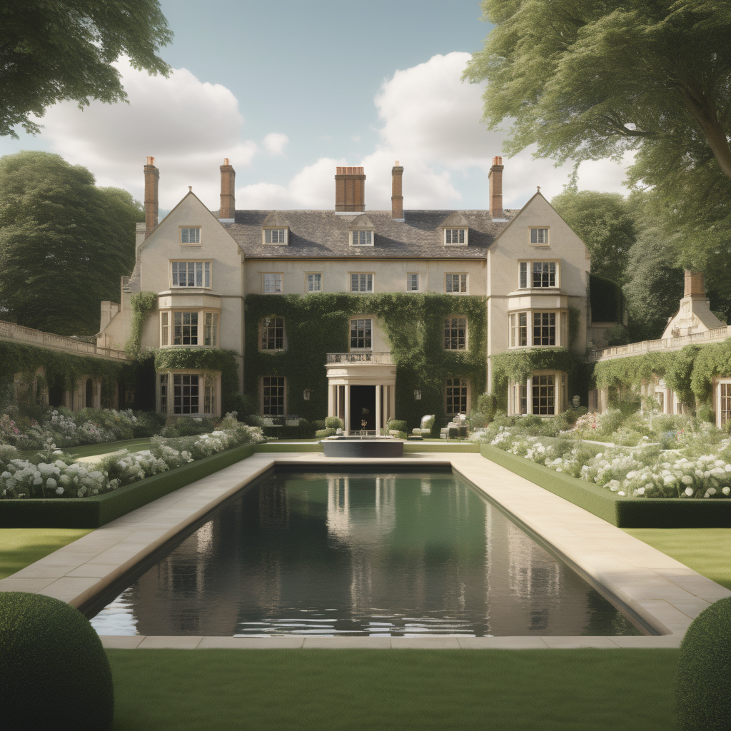 hyperrealistic image of an English country estate pool