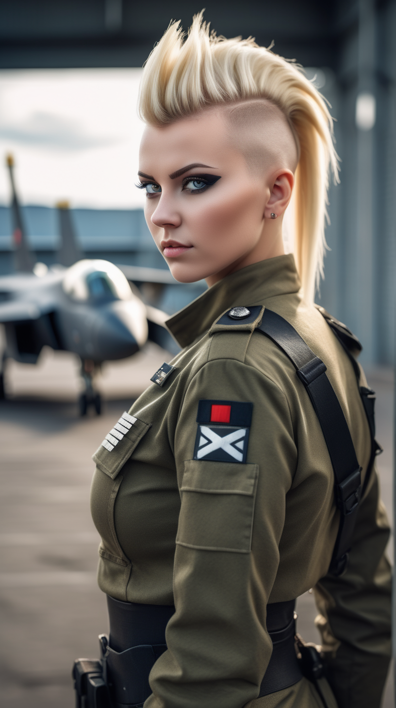 Beautiful Nordic woman, very attractive face, detailed eyes, big breasts, dark eye shadow, blonde mohawk with undercut, wearing a modern military cosplay outfit, bokeh, soft light on face, rim lighting, facing away from camera, looking back over her shoulder, standing on a military base, photorealistic, very high detail, extra wide photo, full body photo, aerial photo