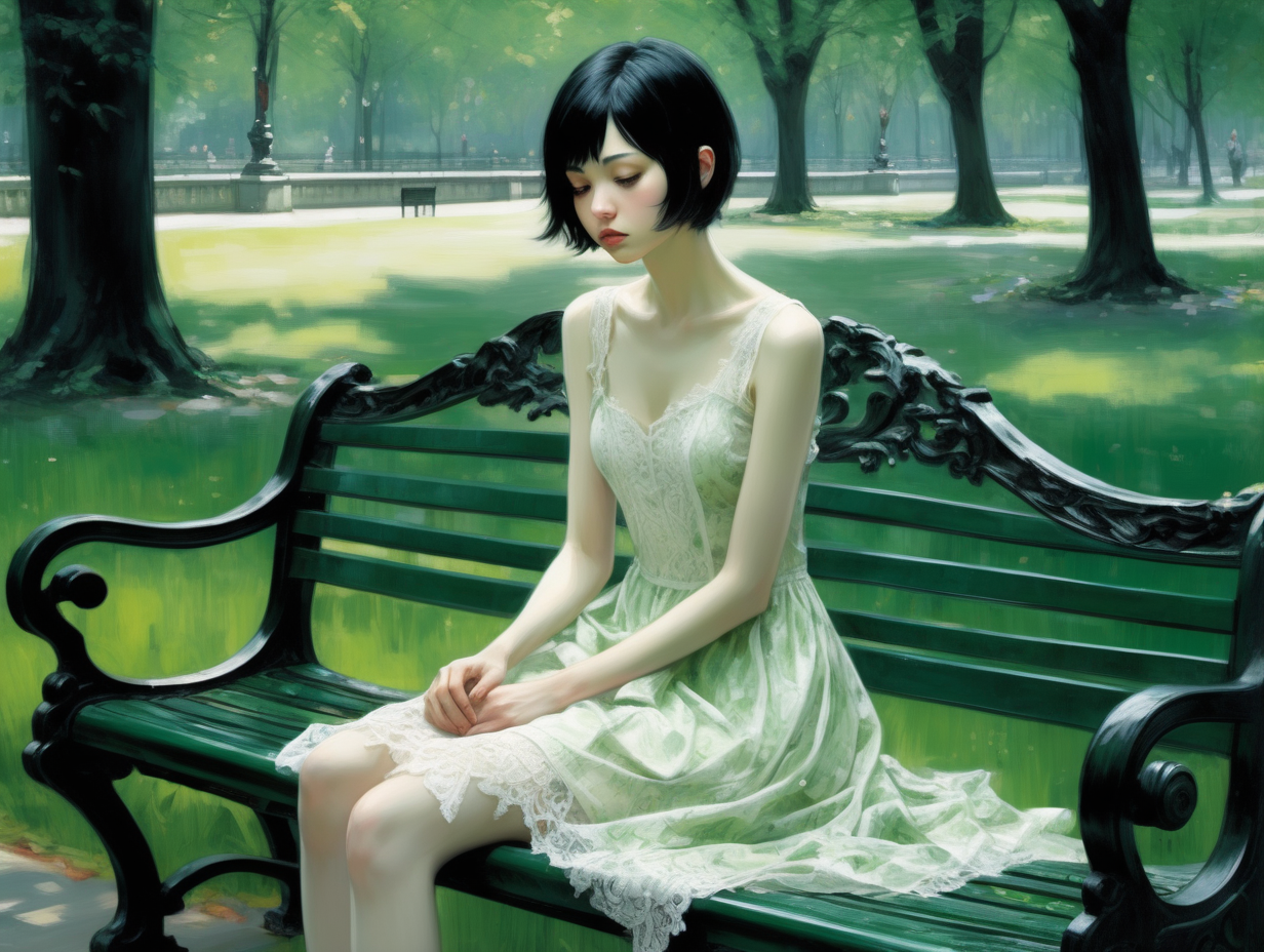 Chica,pelo negro corto , pálida, delgada, el estilo artístico es de Amano con técnicas de pintura clásica. La chica esta un parque muy verdoso . Su rostro transmite melancolía , ella lleva un vestido blanco con encaje, ella está sentada en un banco 