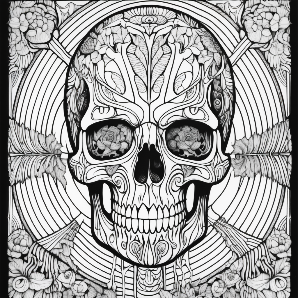 adult coloring book, black & white, clear lines, detailed, symmetrical rotting corpse