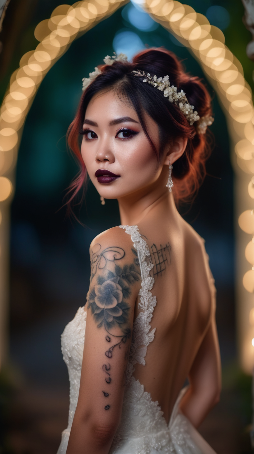 Beautiful Vietnamese woman, body tattoos, dark eye shadow, dark lipstick, hair in a messy updo, wearing a gorgeous wedding dress, bokeh background, soft light on face, stand at a beautiful archway in front of elaborate candlelit forest wedding, photorealistic, very high detail, extra wide photo, under the moonlight 