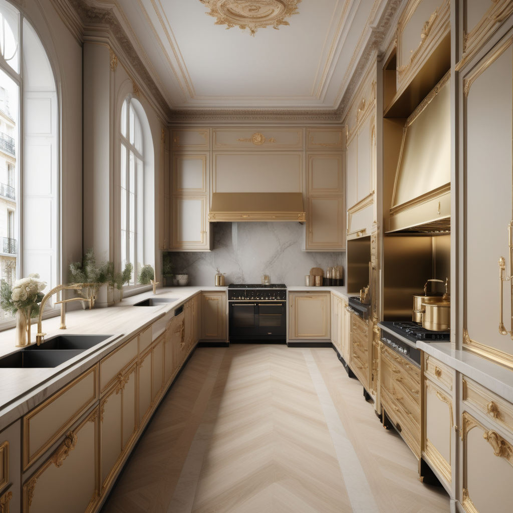 a hyperrealistic image of a palitial modern Parisian 3x6 metre Galley Kitchen  in beige, oak, and brass 
