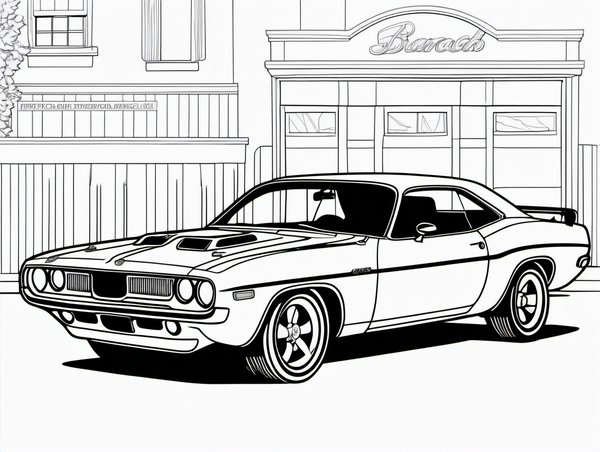 coloring page, classic American automobile, 1970 Plymouth Barracuda, clean line art, no shade