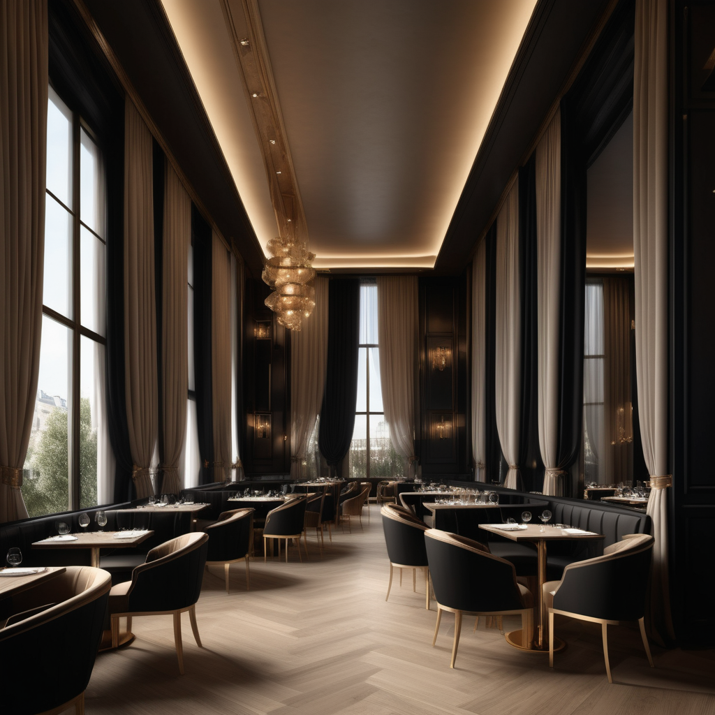 A hyperrealistic image a grand Modern Parisian fancy,romantic, exclusive resturant and bar with mood lighting, curtains,  in a beige oak brass and black colour palette with floor to ceiling windows and