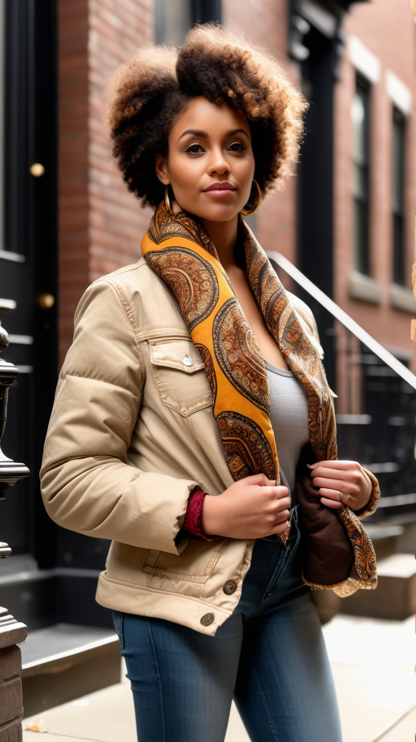 A beautiful, light skinned woman, wearing curly hair, Facing the camera, wearing an African printed scarf, wearing a Beige, Levi denim jacket reimagined into a waist length, down filled jacket, with brown fur shawl collar, African printed fabric inserted in various places, show Front, Back, and Side views, standing on the stoop of a Brownstone in Harlem NY, holding a Rottwieler puppy, ultra4k, high definition, hyper realistic