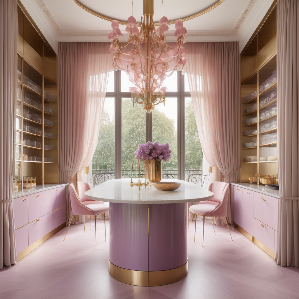 hyperrealistic image of large modern Parisian butlers pantry, floor to ceiling windows, curves, beige, pink, lilac and brass colour palette, brass chandelier, sheer curtains