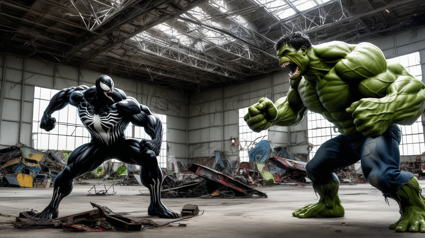 Venom fights the Hulk in an abandoned airplane