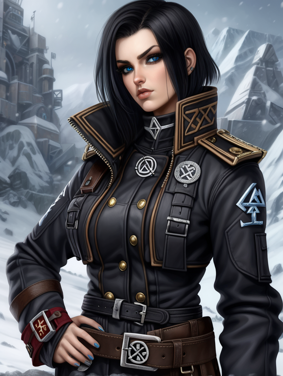 Warhammer 40K young busty Commissar woman. She has an hourglass shape. She has raven black hair. She has a very short hair style similar to what Maya, from Borderlands 2, has. Dark black uniform. Dark brown belt has a lot of pouches, grenades, and a black holster attached. Dark brown bandolier around waist. Her dark black uniform jacket fits perfectly and is closed up. She has a lot of eye shadow. Background scene is snowy trench line. She has icy blue eyes. Her uniform has some Norse runes. She is wearing warm clothes. Valknut rune is on collar of jacket.