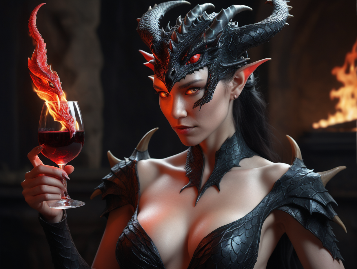 ultra-realistic photographic quality picture of a female human dragon, with sleek pointy black horns gently swept straight backwards over head, black draconic symbols carved deep into the skin of her arms and body, red scales growing on her body, holding the flame of life in her left hand and a glass of wine in her right hand, looking at the camera