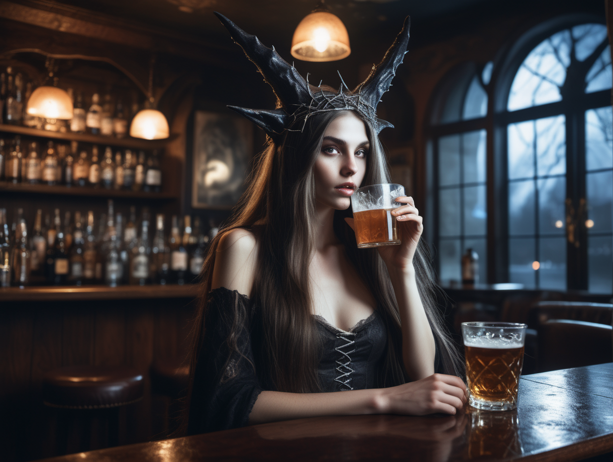 A beautiful slim woman in her twenties with long open hair, wearing witch attire,  thorn crown on head, in a pub, sitting at the bar ,dark, she is drinking from a royal artistic glass, in the moonlit night, monsters behind her, delicate hands, detailed face, detailed skin, detailed hands, photorealistic, gravure, AV, pro photography cinematic, slide film, photo book, window light, full body shot, soft body, window light, 35mm cinematic 