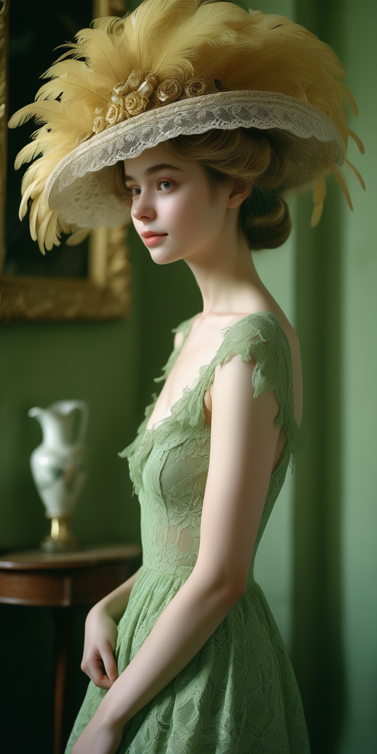 <lora:FilmVelvia3:0. 6>, masterpiece, best quality, 1girl, solo, sexy pose, pensive woman, intricate lace, feathered hat, curled hairdo, pale skin, minimal makeup, tender smile, dainty neckline, nostalgic atmosphere, still life, semi naked, cinematic shot, green golden dress
