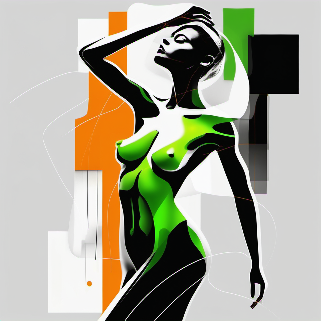 erstelle ein abstraktes bild mit schwarz weiß und orange und hell grün es sollen ein weiblicher körper erkennbar sein körper zu sehen sein
