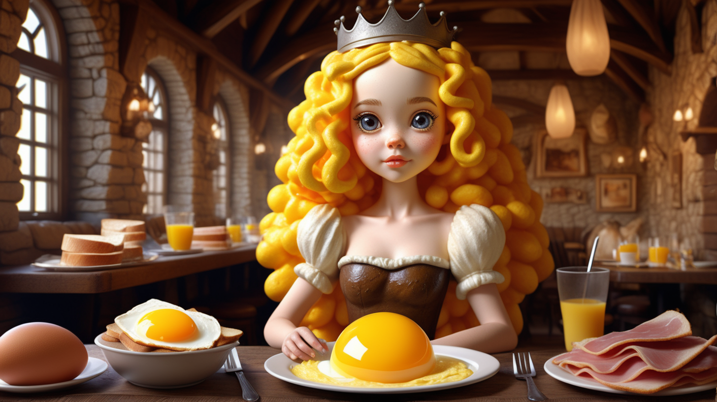 photo realistic dark fantasy style cute beautiful Princess made of breakfast food in a fantasy style tavern having breakfast. Her body is made of egg yolk and her hair is egg whites. Her clothes are made of ham and buttered toast.