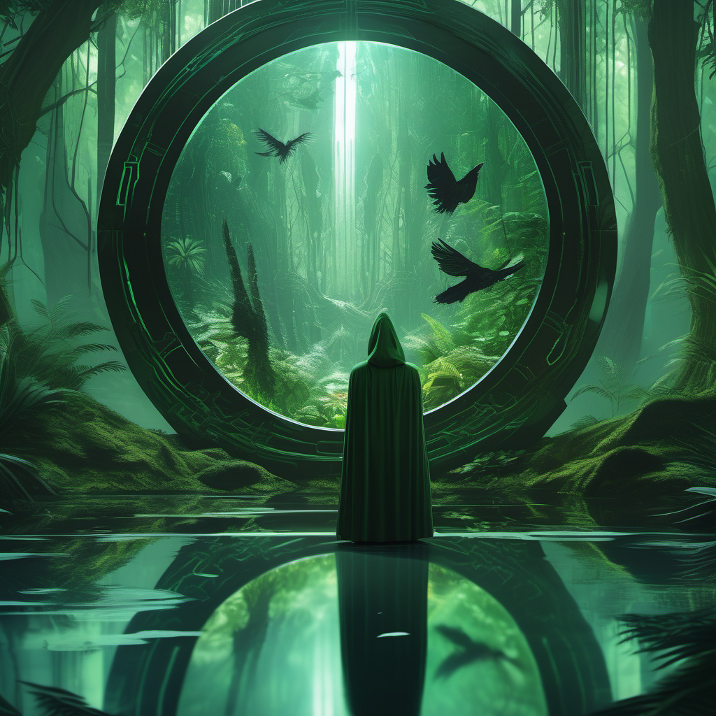 a hooded entity with a tribal cloak looking into a giant dimensional mirror portal which subtly shows a reflection which is similar yet dark, eerie and different, environment is a huge green futuristic jungle with a few small birds