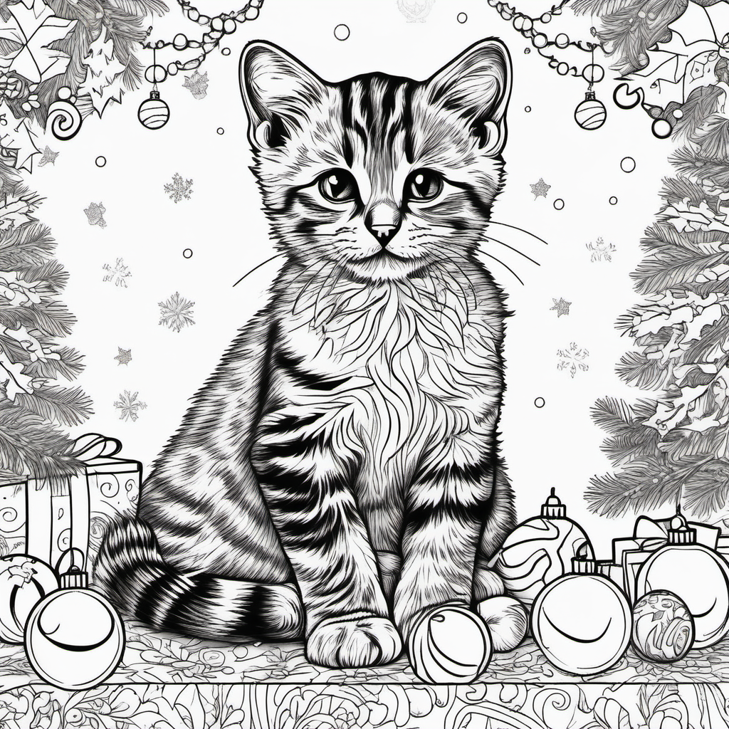 adult 
coloring book page kitten christmas themed black white