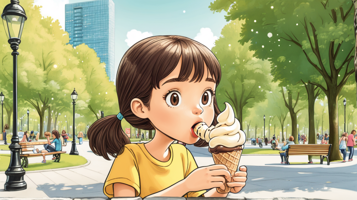 a cartoon girl eating icecream in a city park