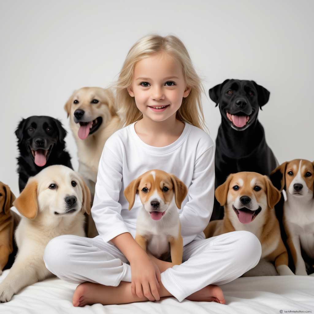 “Perfect Facial Features photo of a blonde 8 year old girl sitting playing with a dog in  white cotton tshirt pyjama with no print, long  tight cuff sleeves, loose long pants) ,surrounded by many different dogs, no background, hyper realistic, ideal face template, HD, happy, Fujifilm X-T3, 1/1250sec at f/2.8, ISO 160, 84mm”