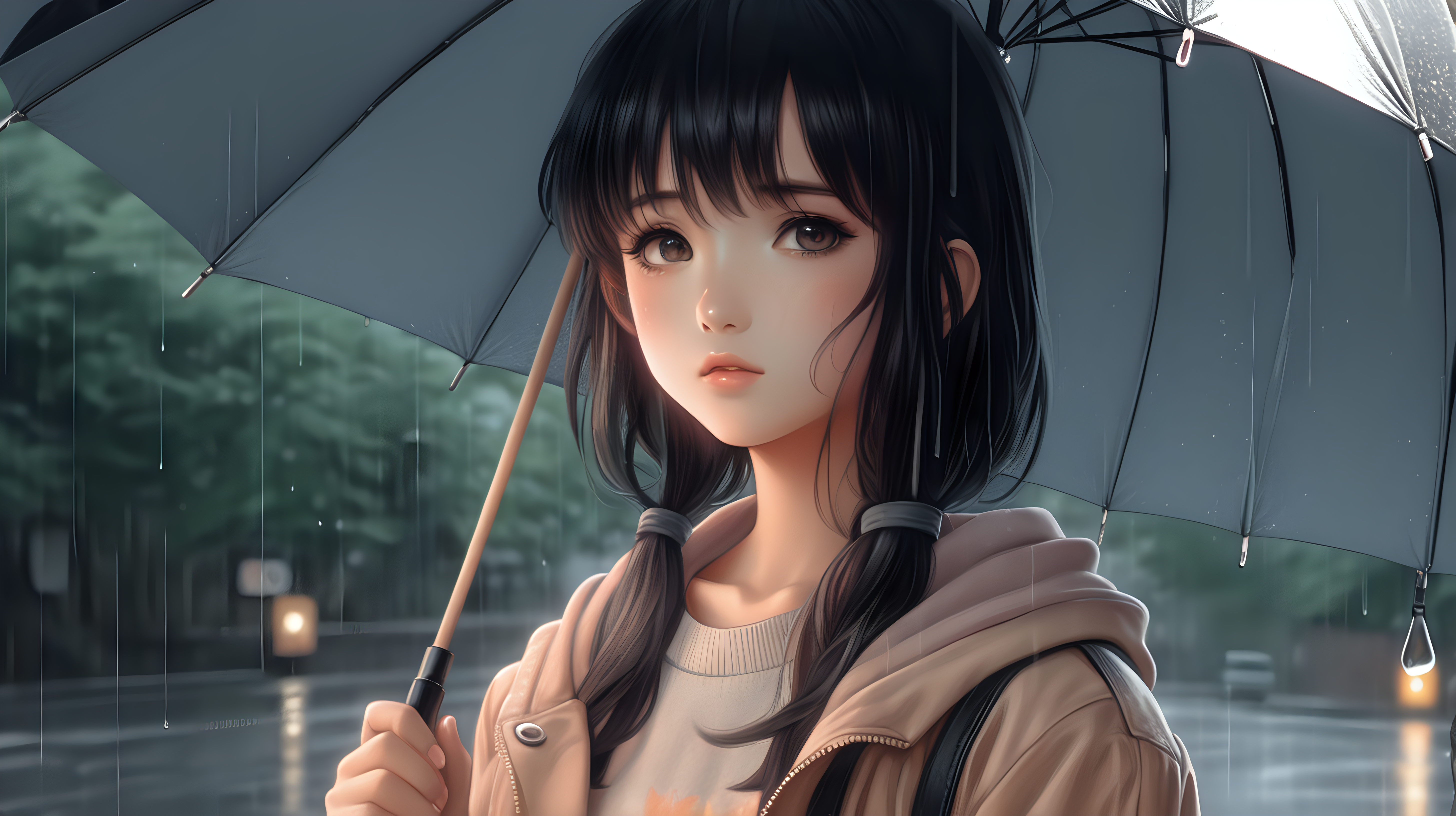 anime girl in the rain muted pastel colors