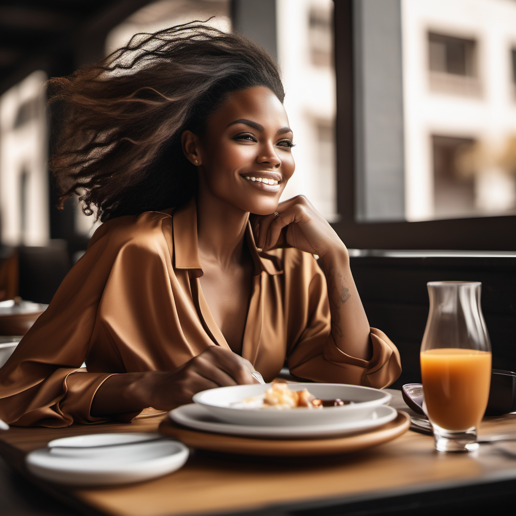 Stunning beautiful caramel-toned skin completion african amserican female mid-30 with flowing long black cut in layers blowing in the wind sitting at a table having lunch.