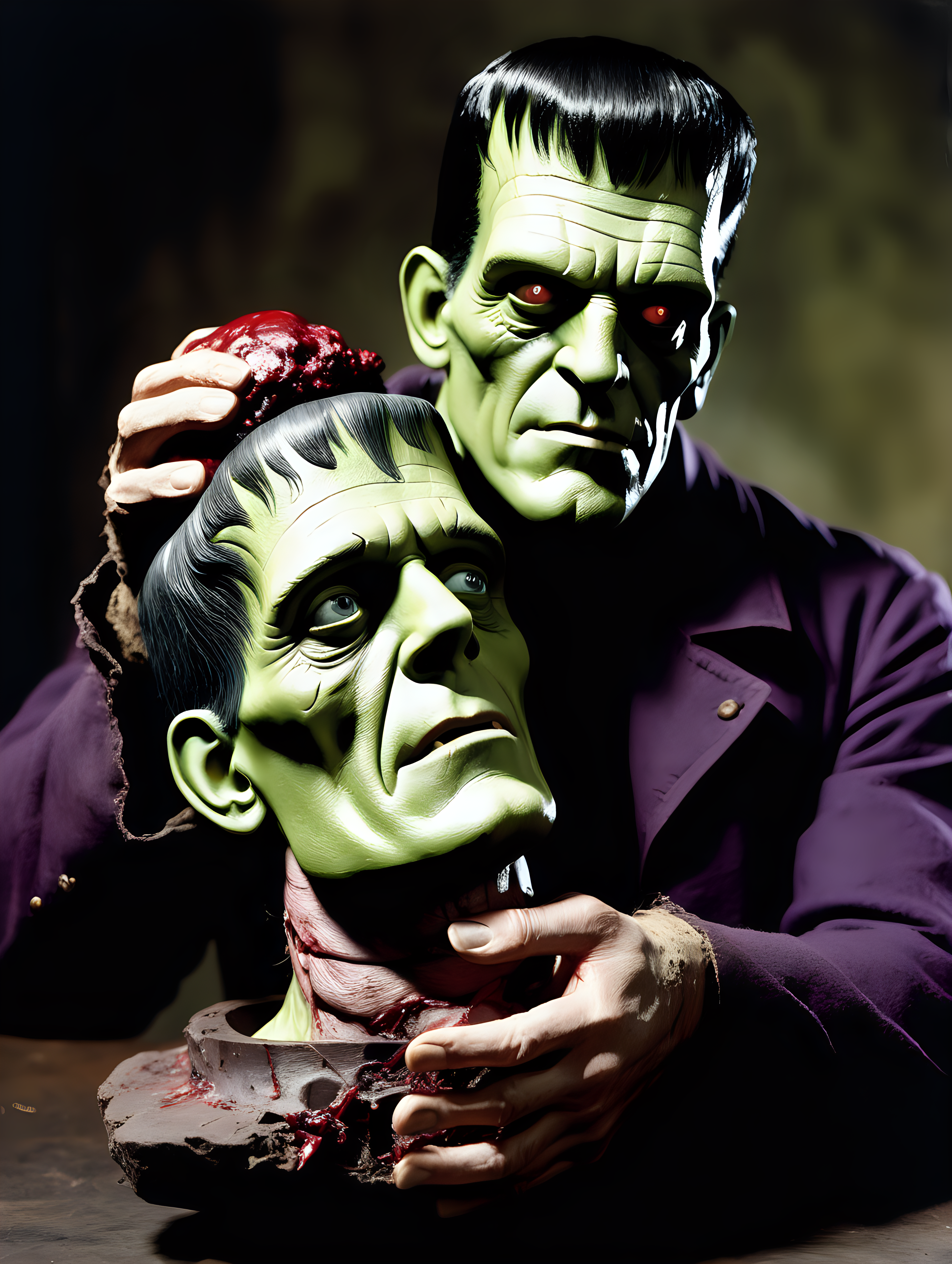Frankenstein hold severed human head