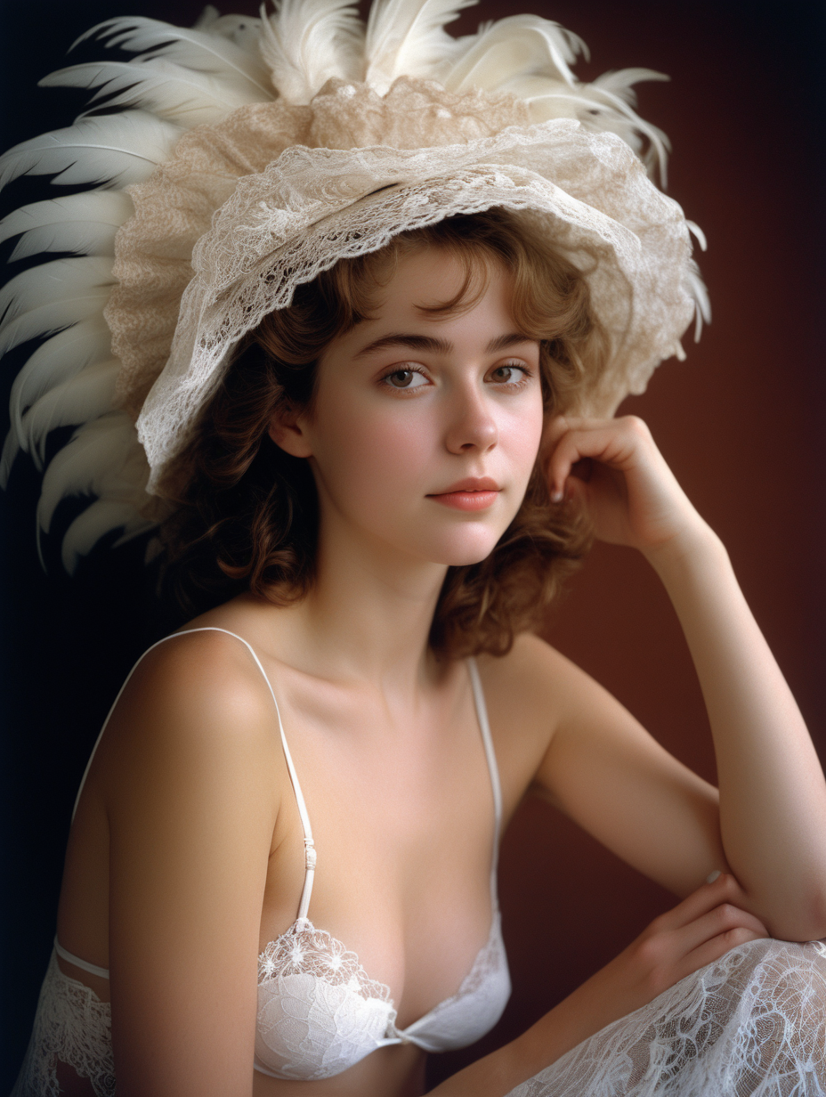 <lora:FilmVelvia3:0. 6>, masterpiece, best quality, 1girl, solo, sexy pose, pensive woman, intricate lace, feathered hat, curled hairdo, pale skin, minimal makeup, tender smile, dainty neckline, nostalgic atmosphere, still life, bikini