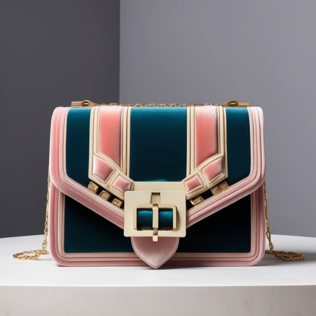 Neoclassic inspired luxury small velvet bag with flap and metal buckle- geometric shape - frontal view - color contrast borders - pastel colors