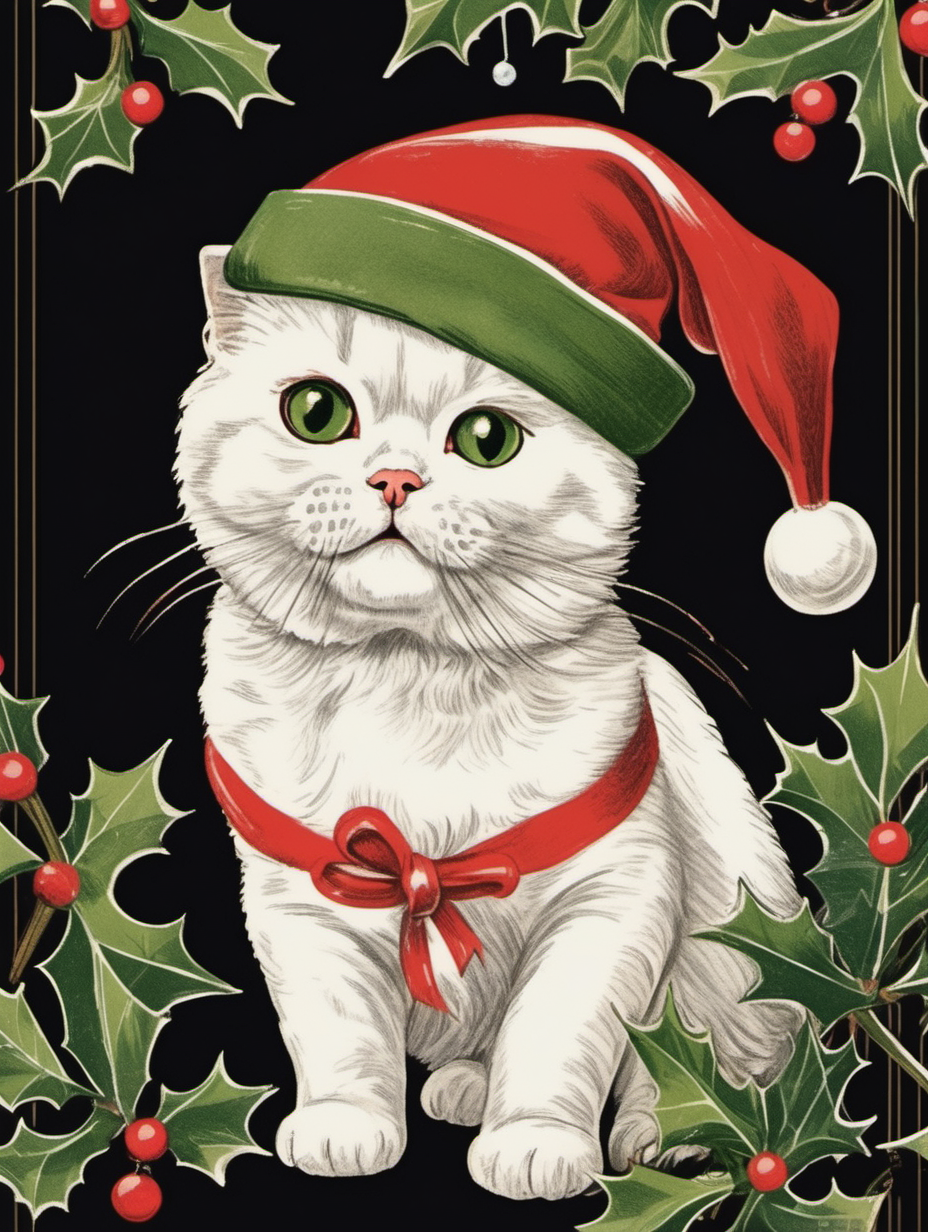 vintage christmas card illustration with mistletoe, a white scottish fold cat wearing christmas hats on a black background