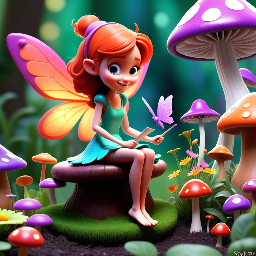 /envision prompt: In Pixar 3D style draw a fairy garden with fairies involved in different tasks such as tending flowers, sitting on toadstools, or interacting with magical creatures. The colors are bright and vibrant and give a feeling of joy and excitement as well as the peace and serenity found in a magical garden.--v 5 --stylize 1000
