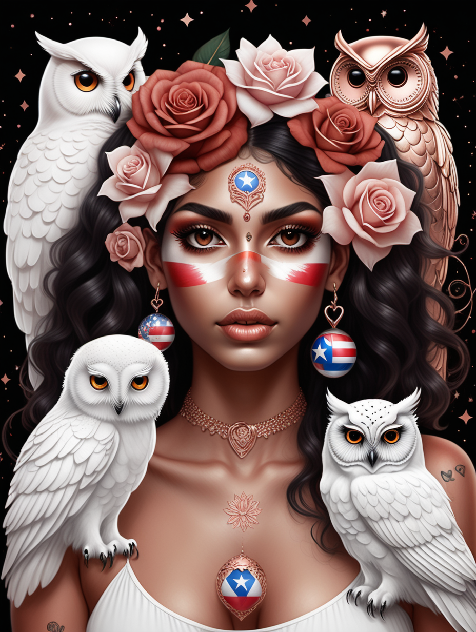 exotic 3 women with black, white and Hispanic skin with floating crystal balls in rose gold wearing a Puerto Rican flag looking at a white owl with love she has tattoos and soft color flowers in there hair