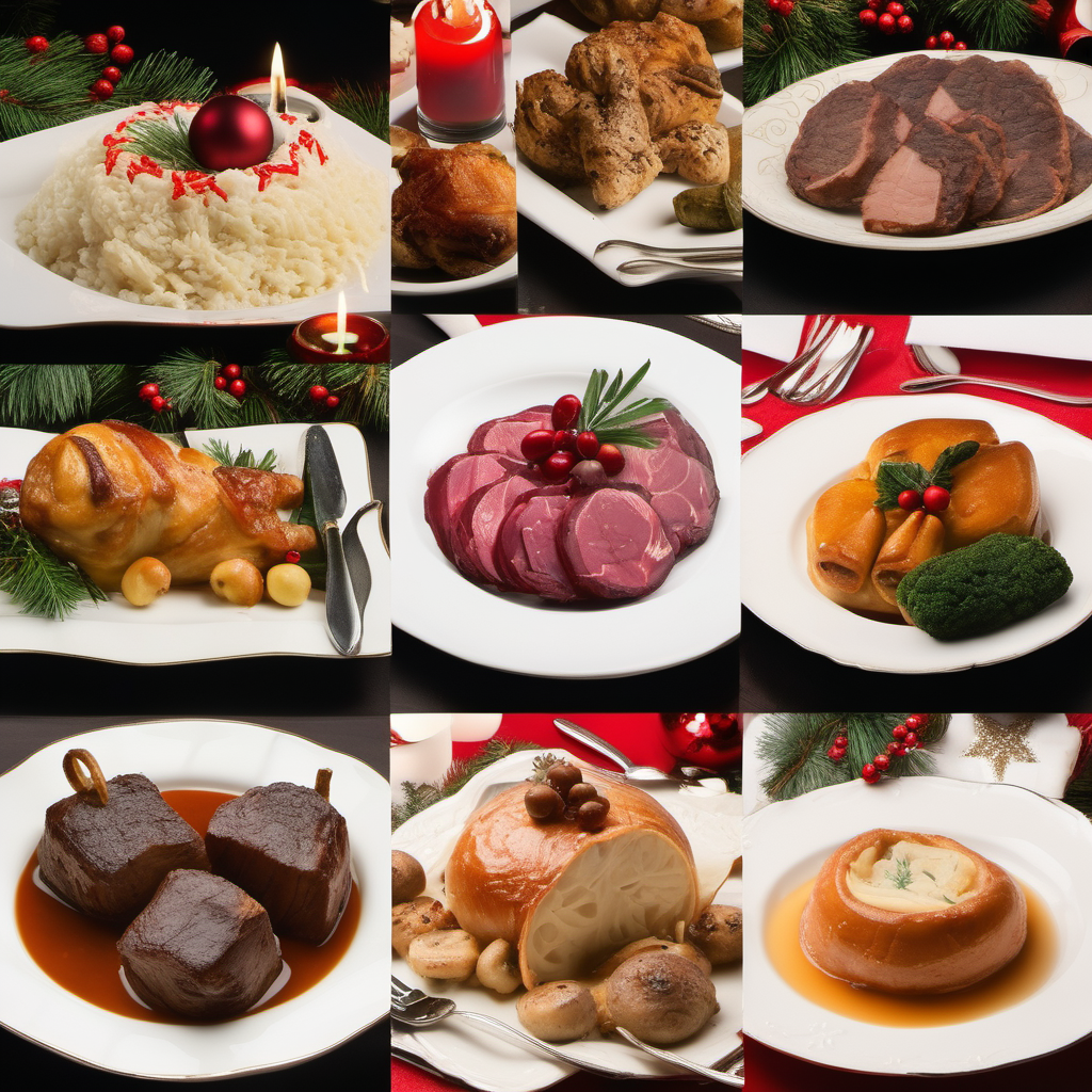 International Christmas meal, individual dish on each photo.