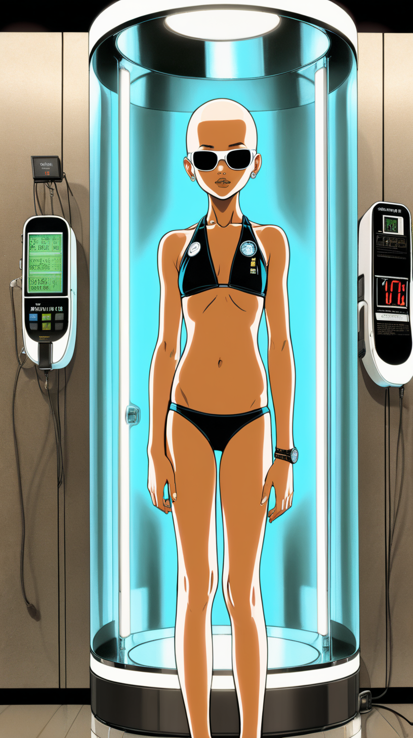 Maintain the same 4 same mixed-race girl as previous image with a bleach blond SHAVED head, wearing large futuristic black-rimmed circular sunglasses, 12 years old. She is standing in a bikini arms and legs wide. There is a radiation counter embedded in her neck. She's standing in a room the size of an elevator with the room is glowing and there is a large panel displaying a UV and Vitamin D counter. 