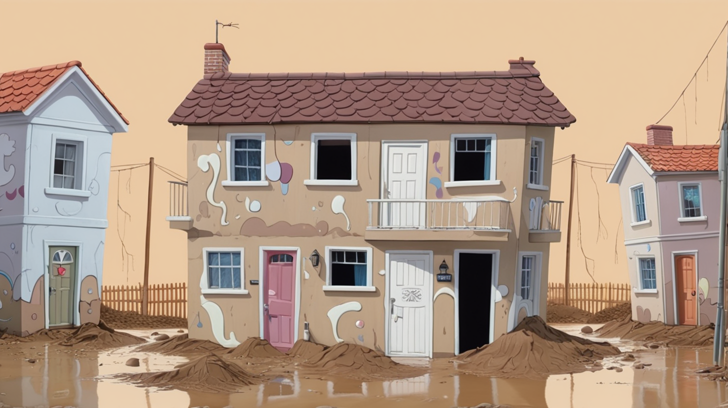 dull and muddy walls of a cartoon house from outside in a town left behind after the flood