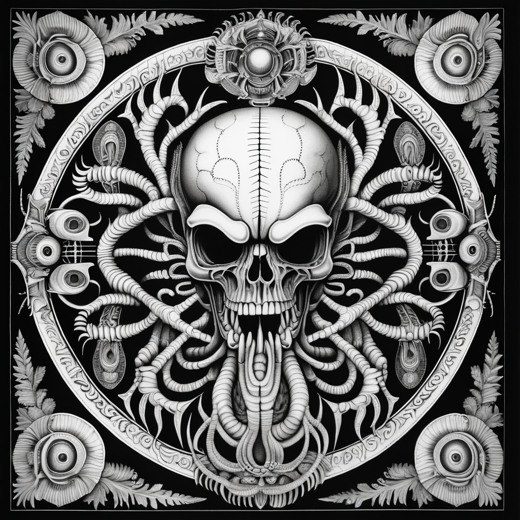black & white, coloring page, high details, symmetrical mandala, strong lines, plants growing out of skull with many eyes in style of H.R Giger