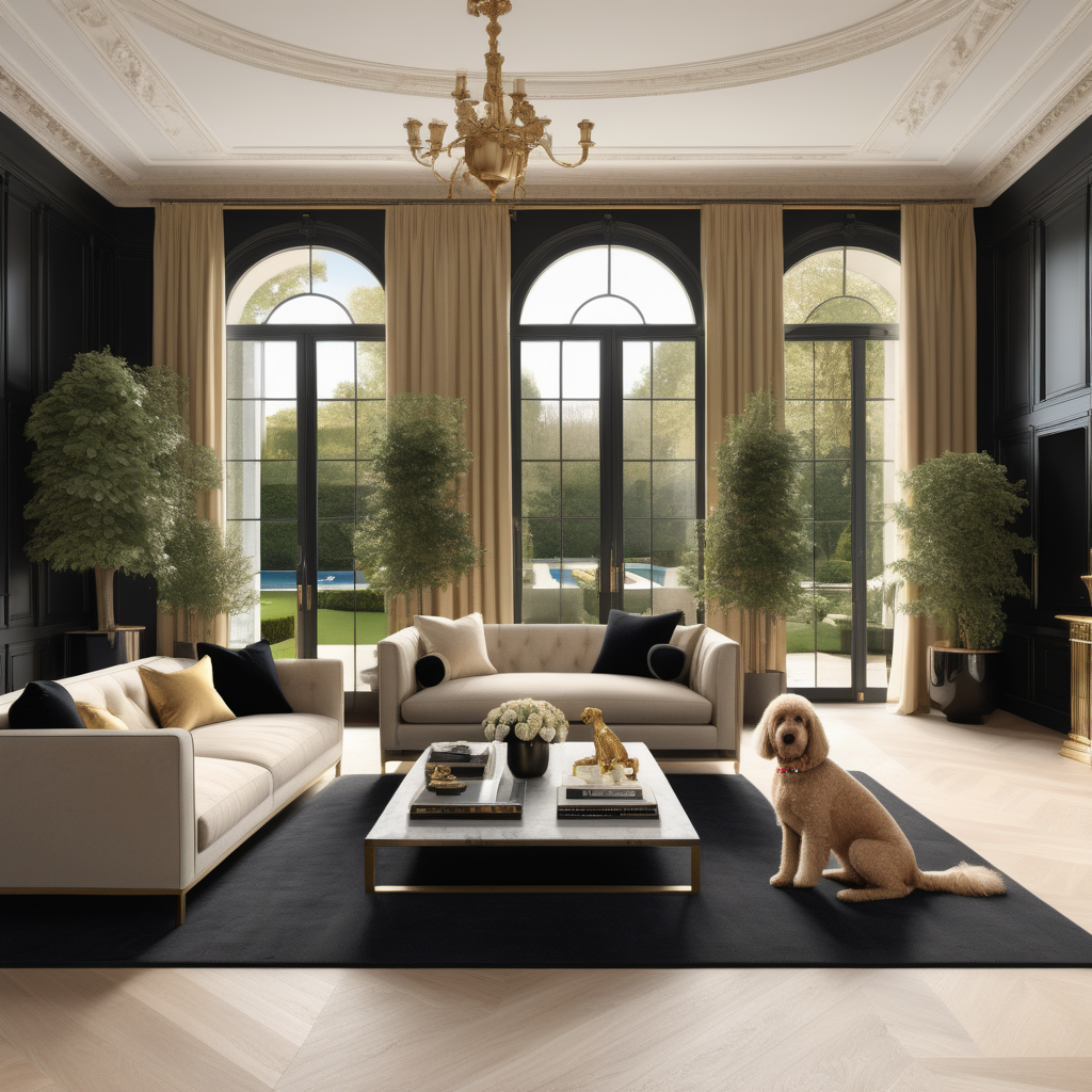 A hyperrealistic image of a grand, elegant modern Parisian casual living room in a beige oak brass and black colour palette with floor to ceiling windows showing views of the pool and gardens, a golden retreiver dog and a golden doodle dog