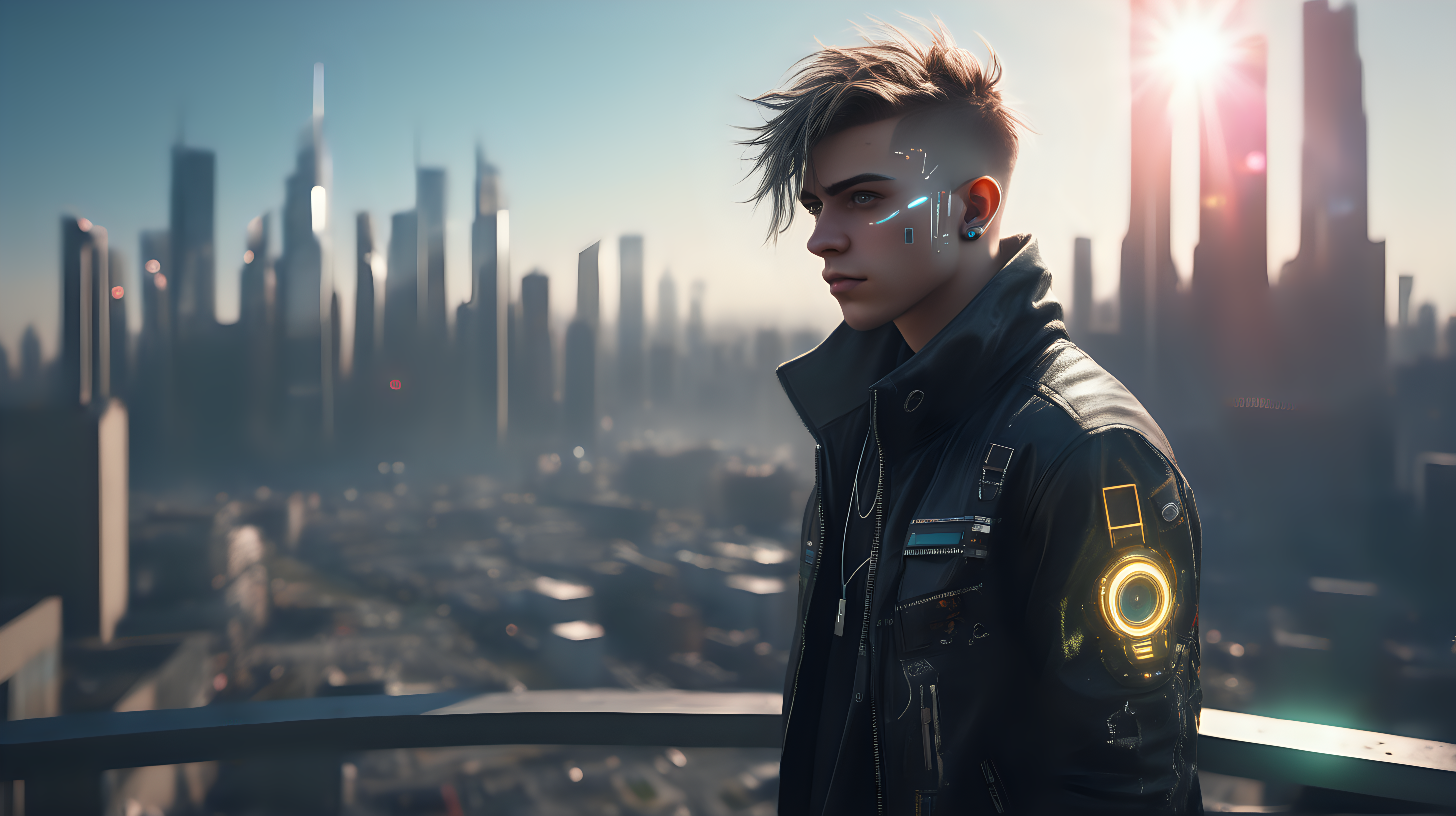 Dystopian, High Detail RAW color Photo, Full Shot, (cute male), standing on an overlook, in the distance cyberpunk city skyline, perfect face, (highly detailed, fine details, intricate), (lens flare:0. 5), (bloom:0. 5), raytracing, specular lighting, shallow depth of field, 200mm lens, hard focus, smooth, cinematic film still